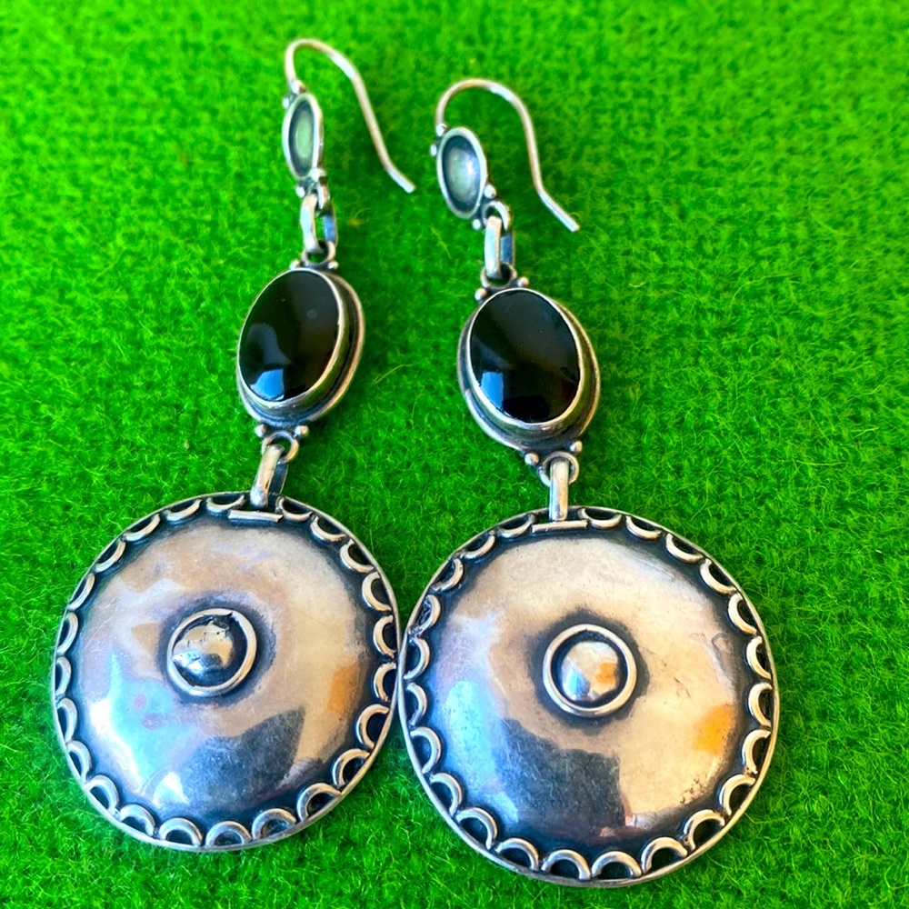 950 sterling silver BOHO Onyx? dangle earrings